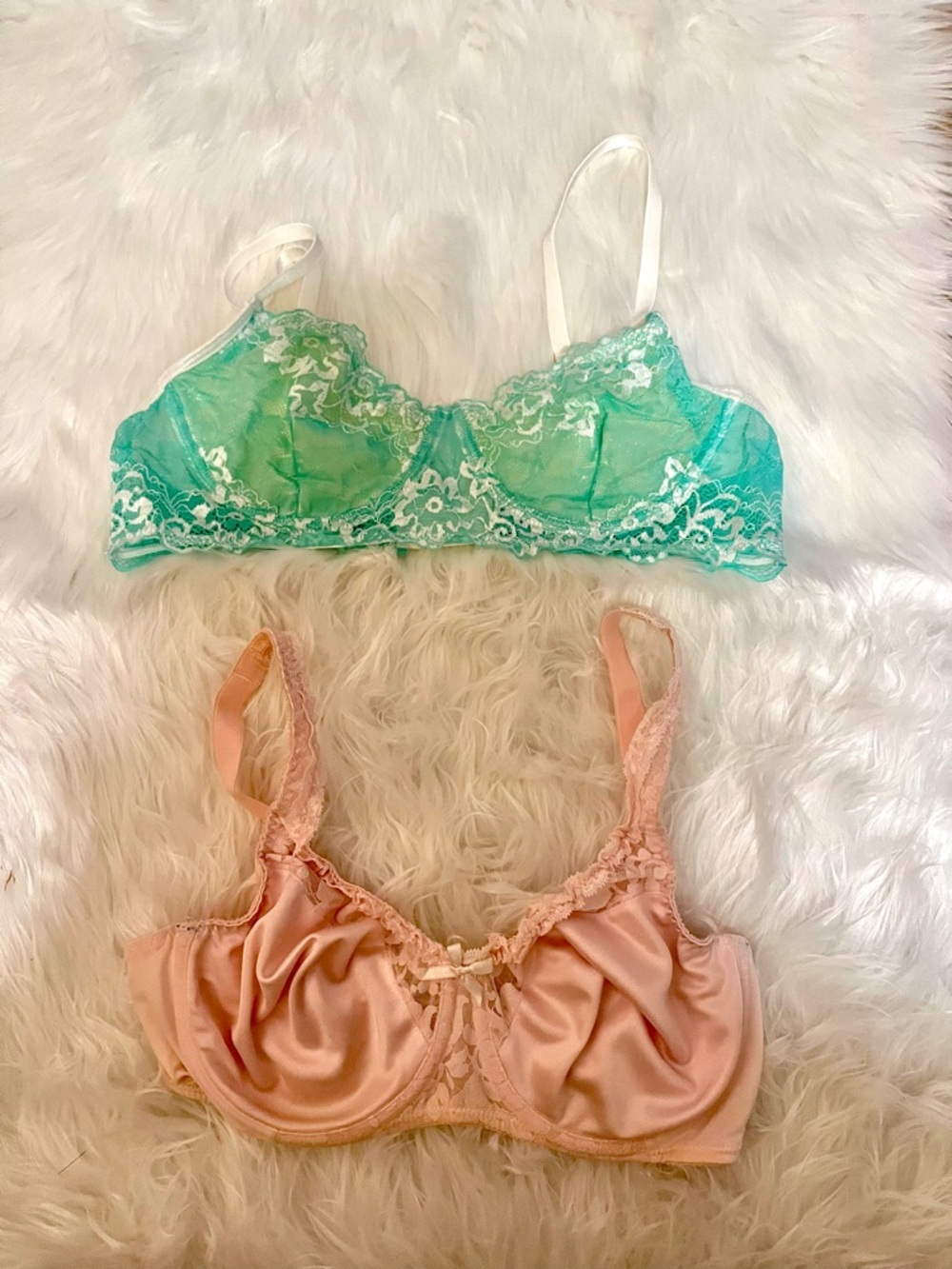 Women’s Lace & Satin Bra Set in Aqua and Blush - Unbranded